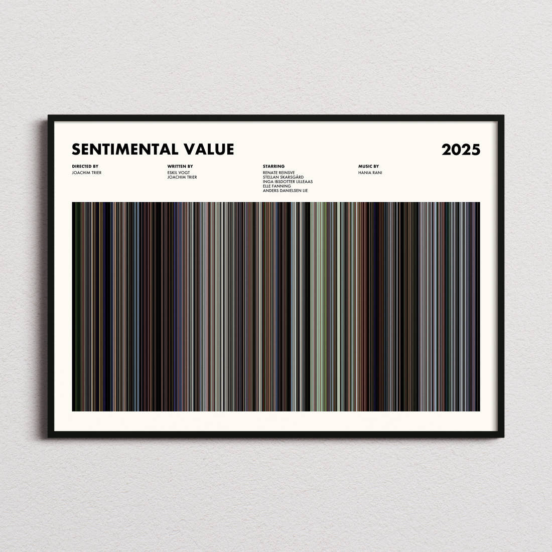 Sentimental Value Movie Barcode Poster framed and photographed straight on