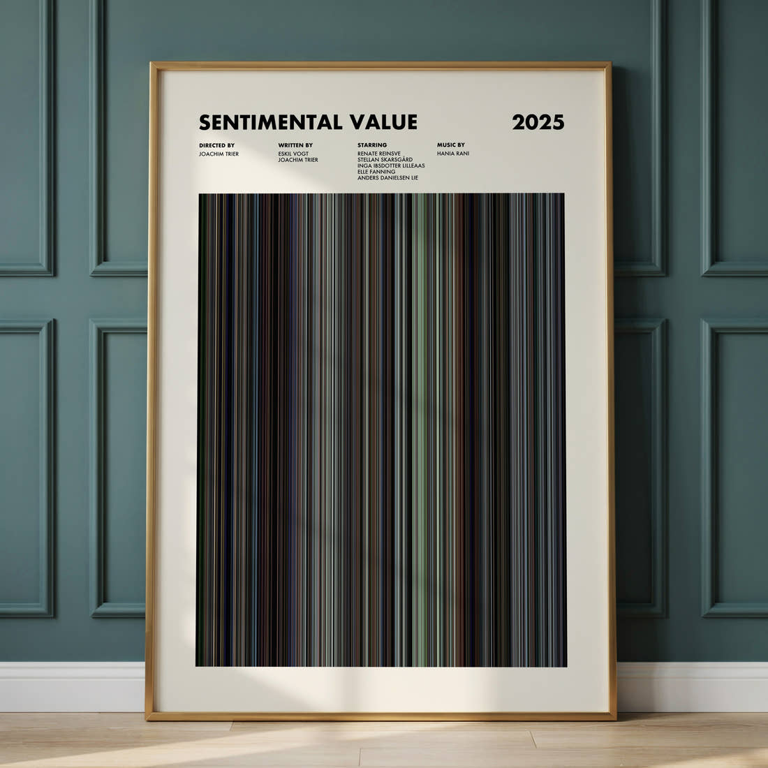 Sentimental Value Movie Barcode Poster framed and leaning against a panelled wall