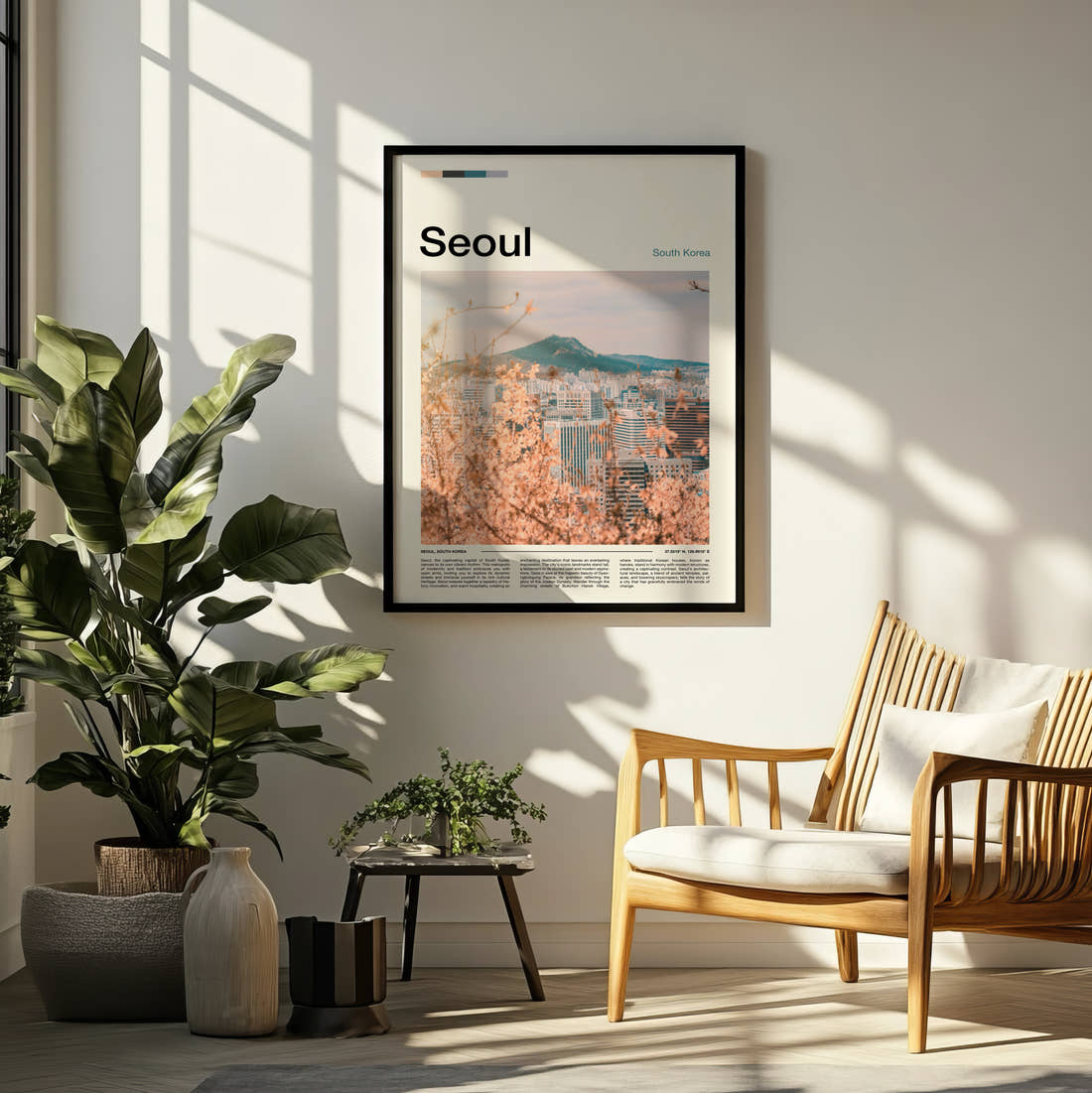 Seoul Cherry Blossom And Skyline Travel Print framed on a pale wall beside houseplants