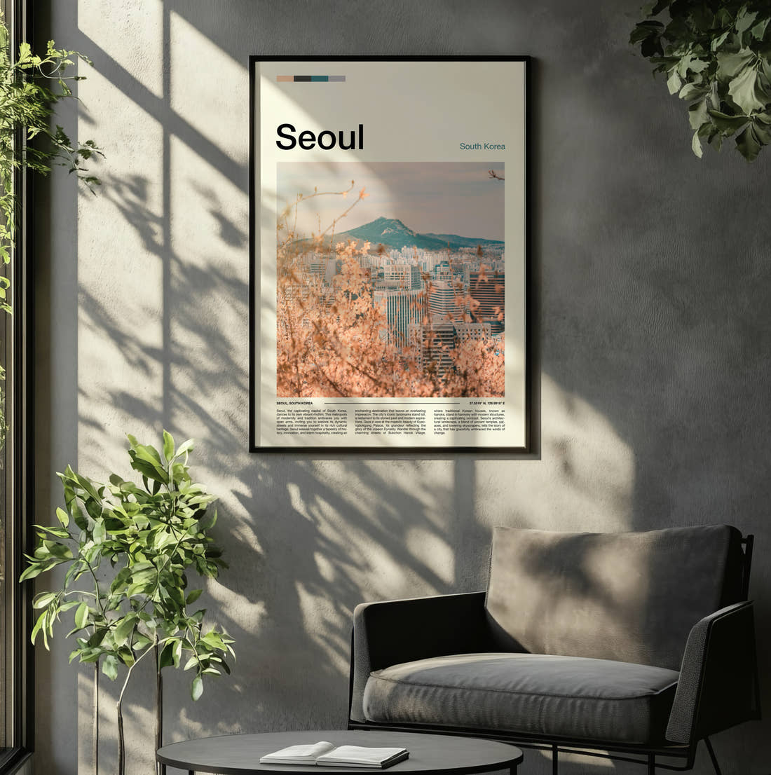 Seoul Cherry Blossom And Skyline Travel Print framed on the wall of a relaxed living room