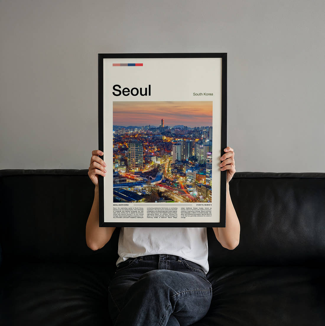 Seoul Night Skyline Travel Print held up by hand to show the size of the print