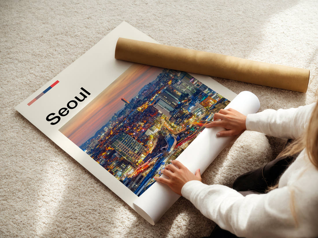 Seoul Night Skyline Travel Print being unrolled from its postal tube