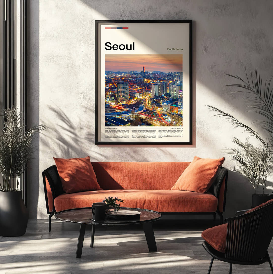 Seoul Night Skyline Travel Print framed on the wall of a modern living room