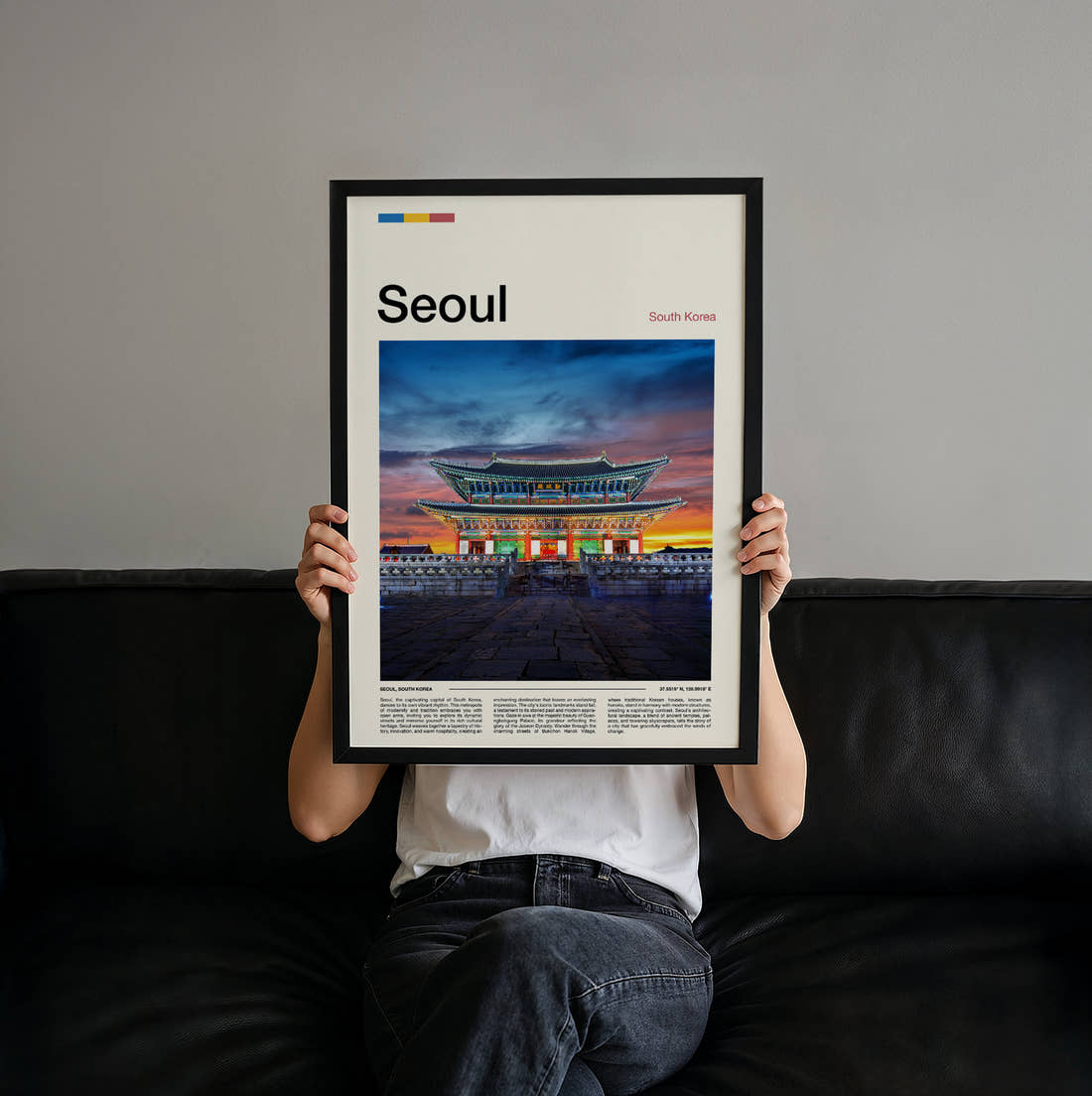Seoul Gwanghwamun Gate Travel Print held up by hand to show the size of the print