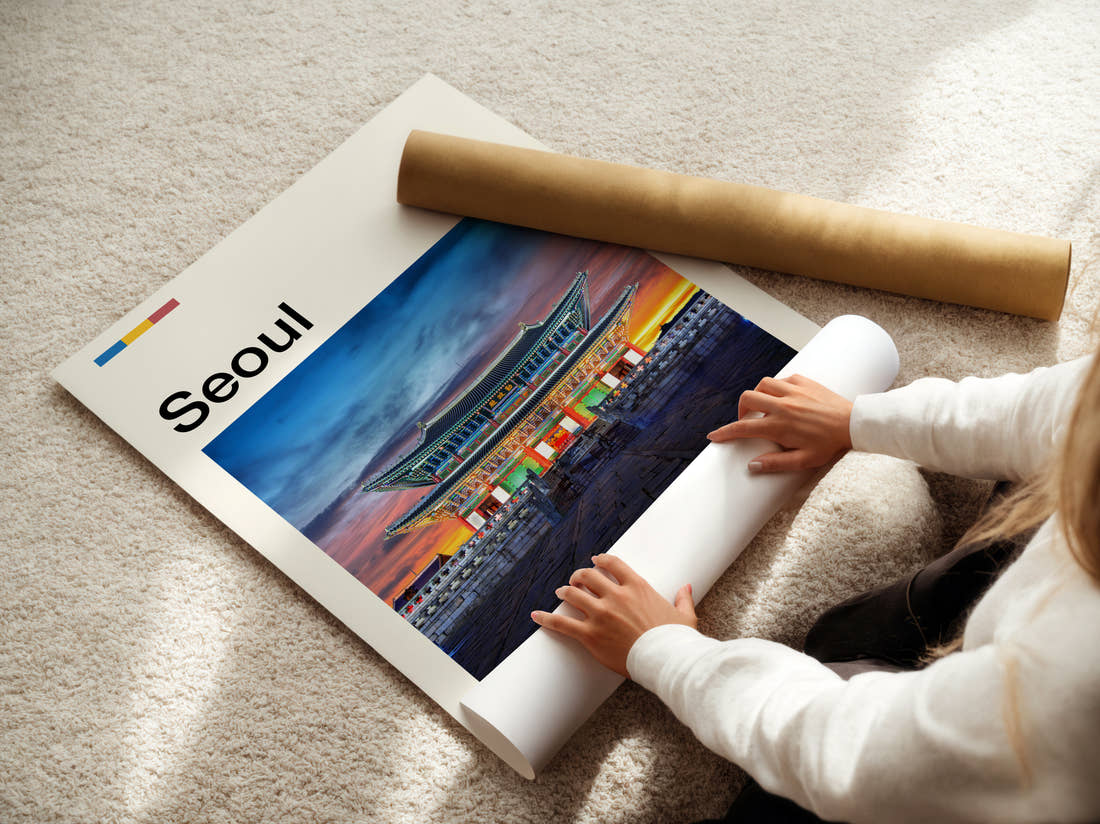 Seoul Gwanghwamun Gate Travel Print being unrolled from its postal tube