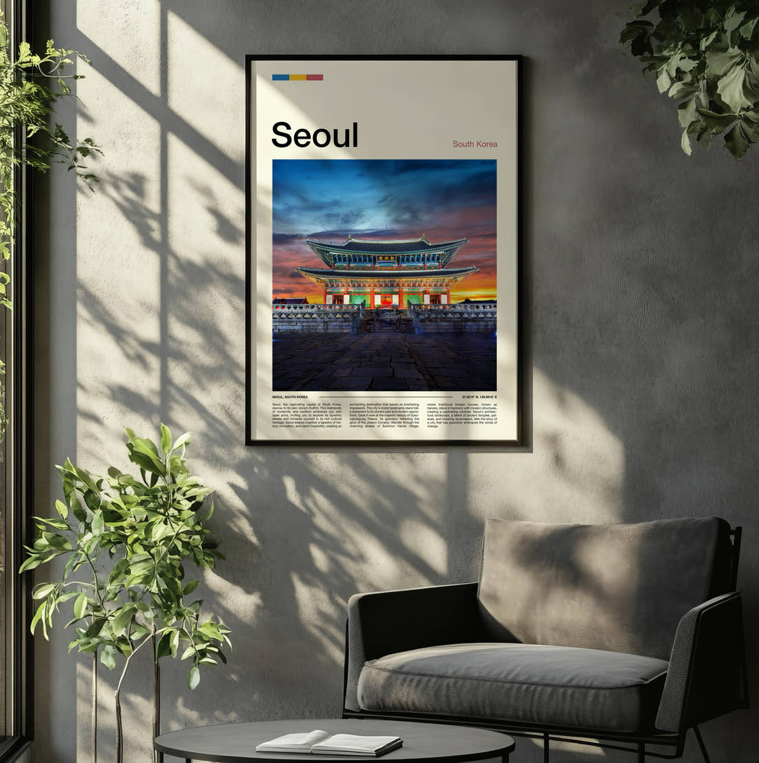Seoul Gwanghwamun Gate Travel Print framed on the wall of a relaxed living room