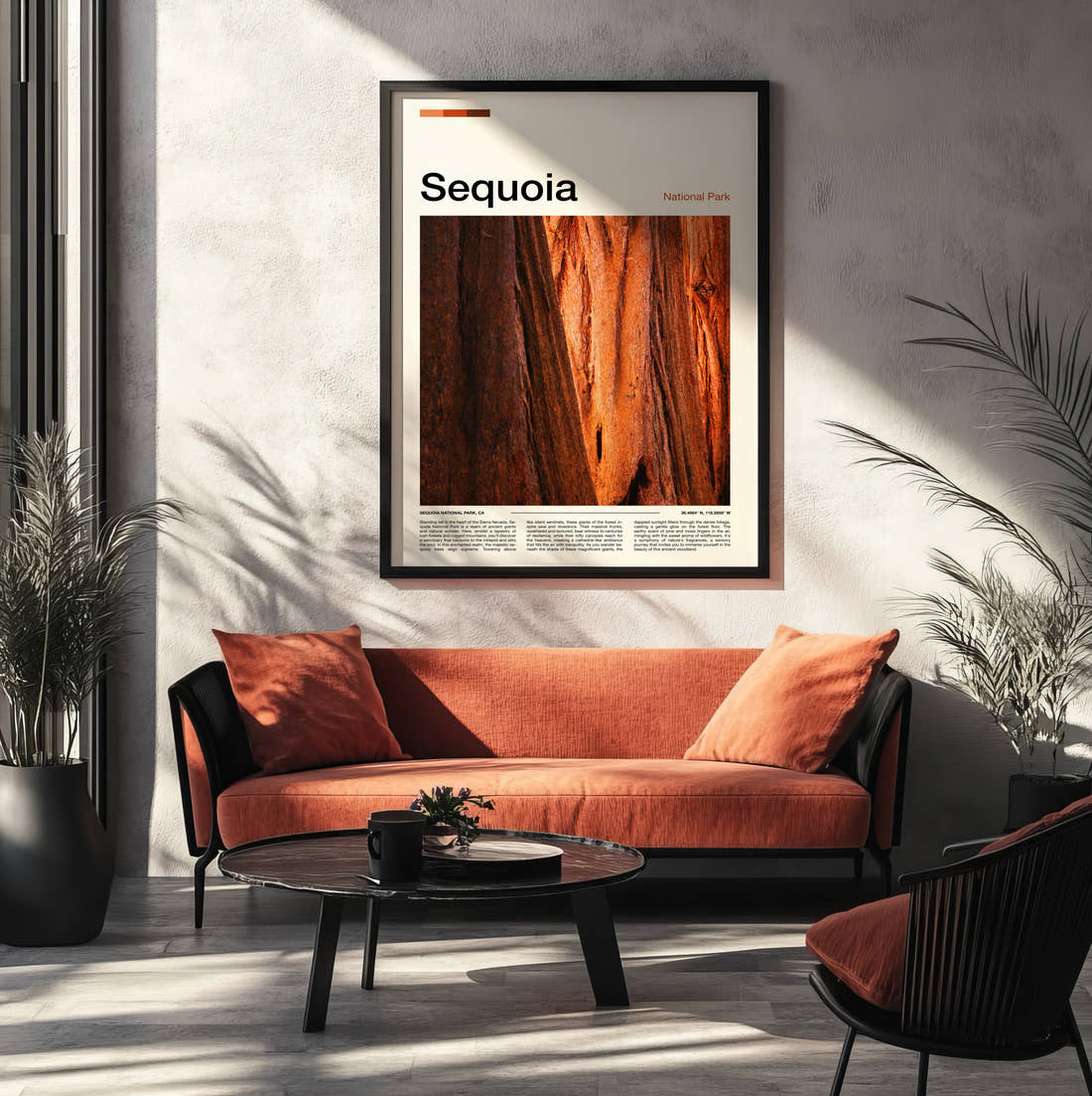Sequoia Red Tree Bark Travel Print framed on the wall of a modern living room