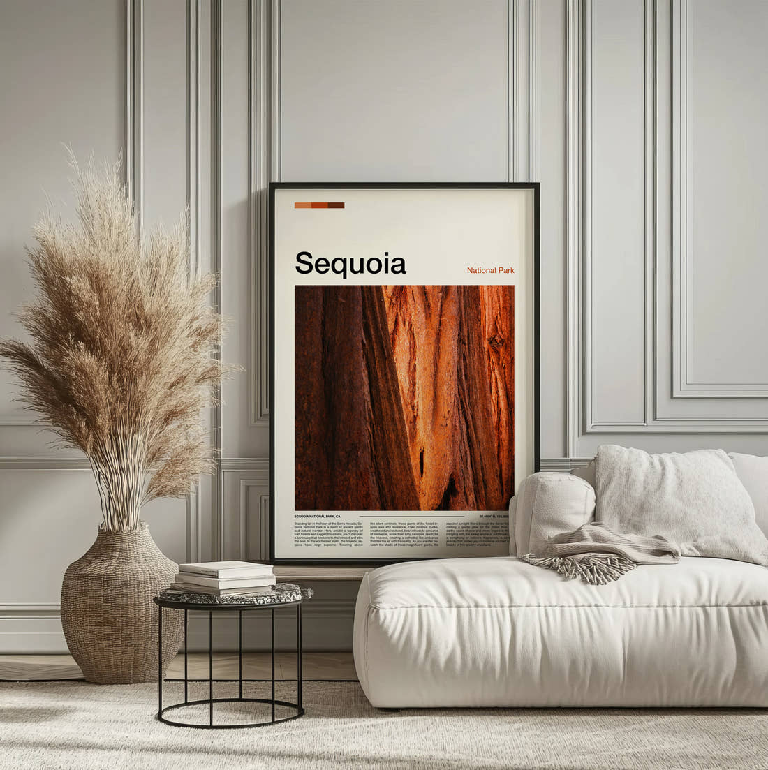 Sequoia Red Tree Bark Travel Print framed on the wall of a calm, neutral bedroom