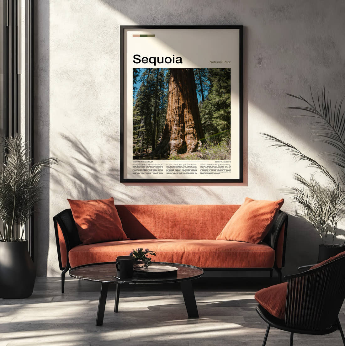 Sequoia Giant Redwood Trunk Travel Print framed on the wall of a modern living room