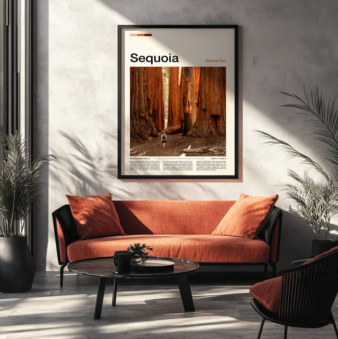 Sequoia Giant Redwood Trunks Travel Print framed on the wall of a modern living room