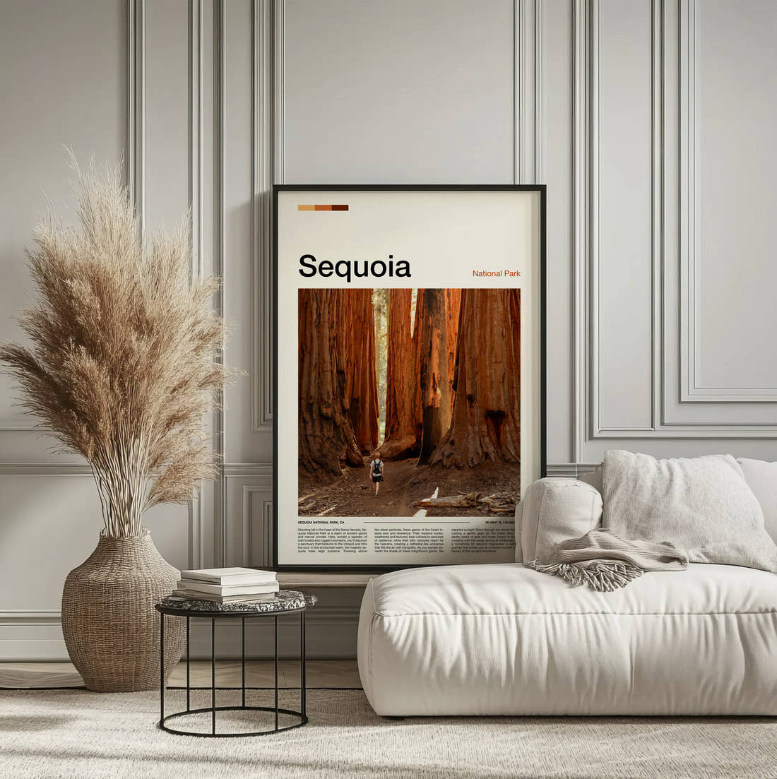 Sequoia Giant Redwood Trunks Travel Print framed on the wall of a calm, neutral bedroom