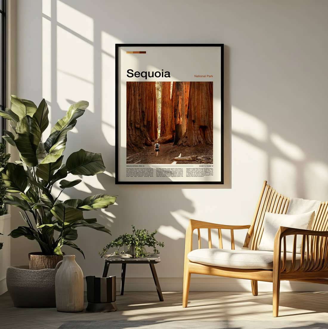 Sequoia Giant Redwood Trunks Travel Print framed on a pale wall beside houseplants