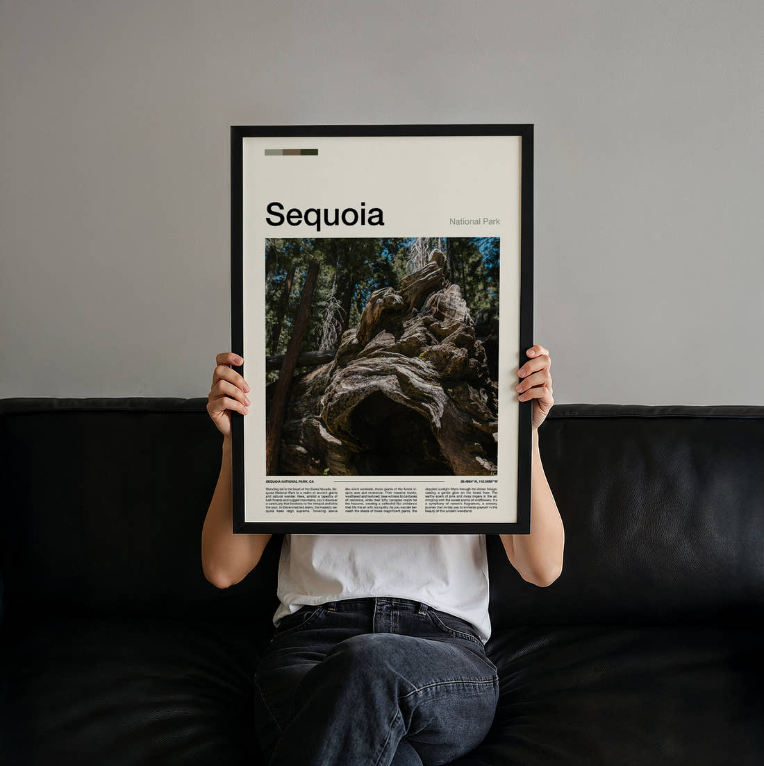 Sequoia Gnarled Tree Roots Travel Print held up by hand to show the size of the print