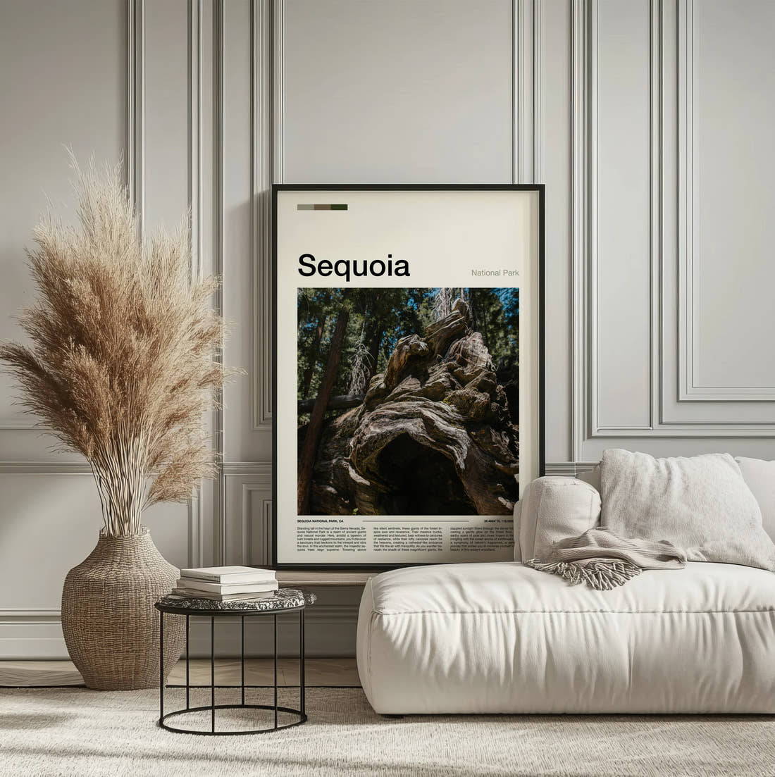 Sequoia Gnarled Tree Roots Travel Print framed on the wall of a calm, neutral bedroom