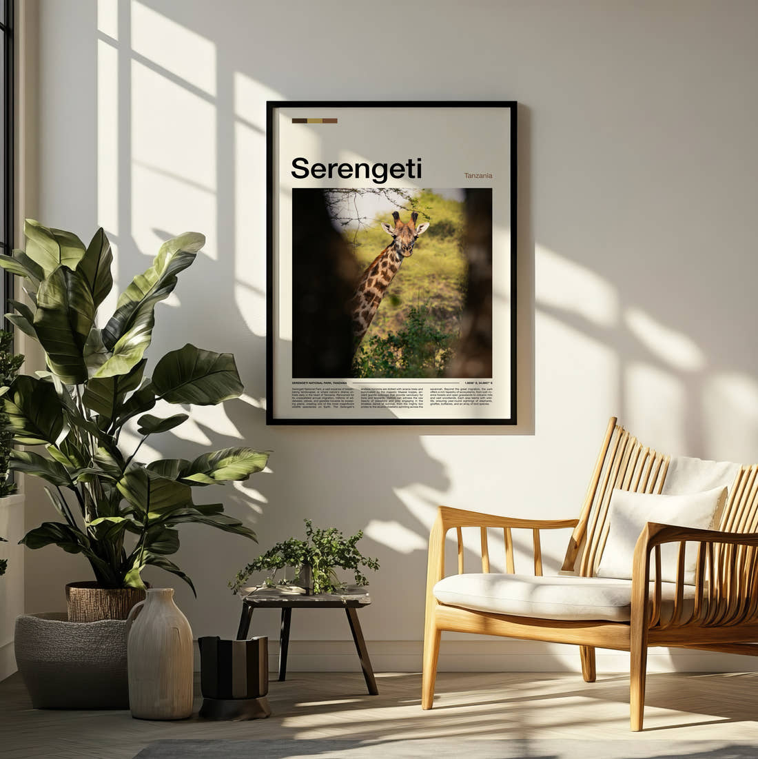 Serengeti Giraffe Travel Print framed on a pale wall beside houseplants