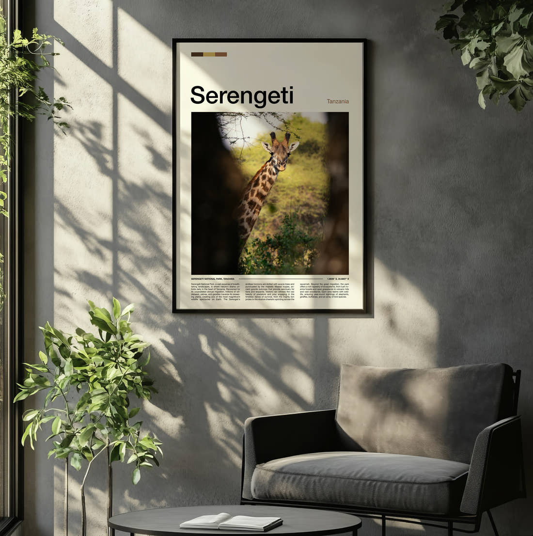 Serengeti Giraffe Travel Print framed on the wall of a relaxed living room