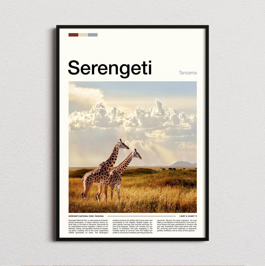 Serengeti Giraffe On The Plains Travel Print framed and photographed straight on