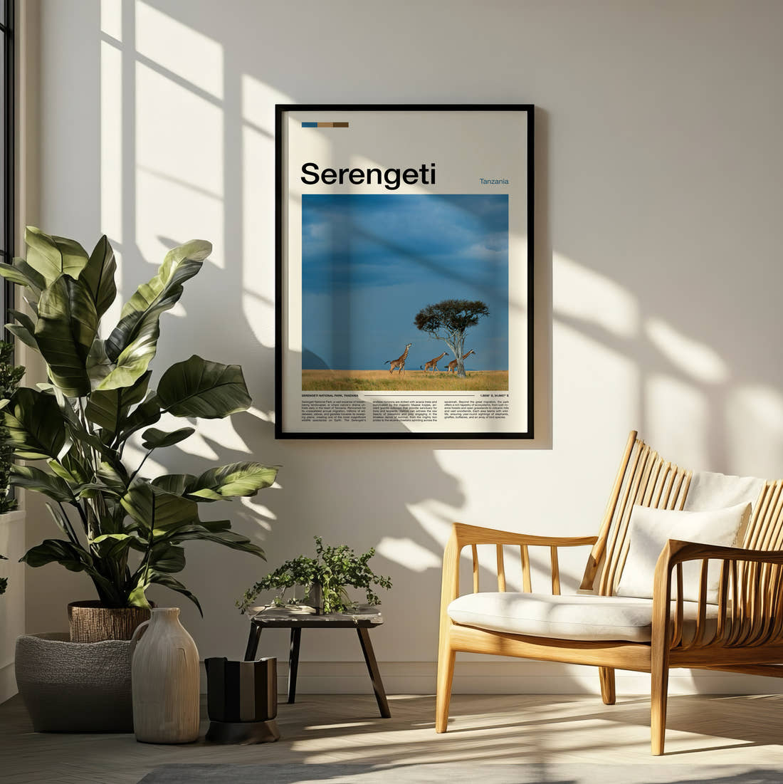 Serengeti Giraffes And Acacia Tree Travel Print framed on a pale wall beside houseplants