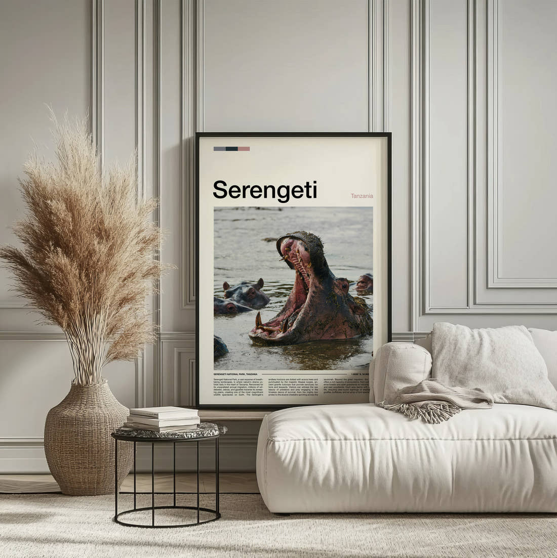 Serengeti Hippo Yawning Travel Print framed on the wall of a calm, neutral bedroom