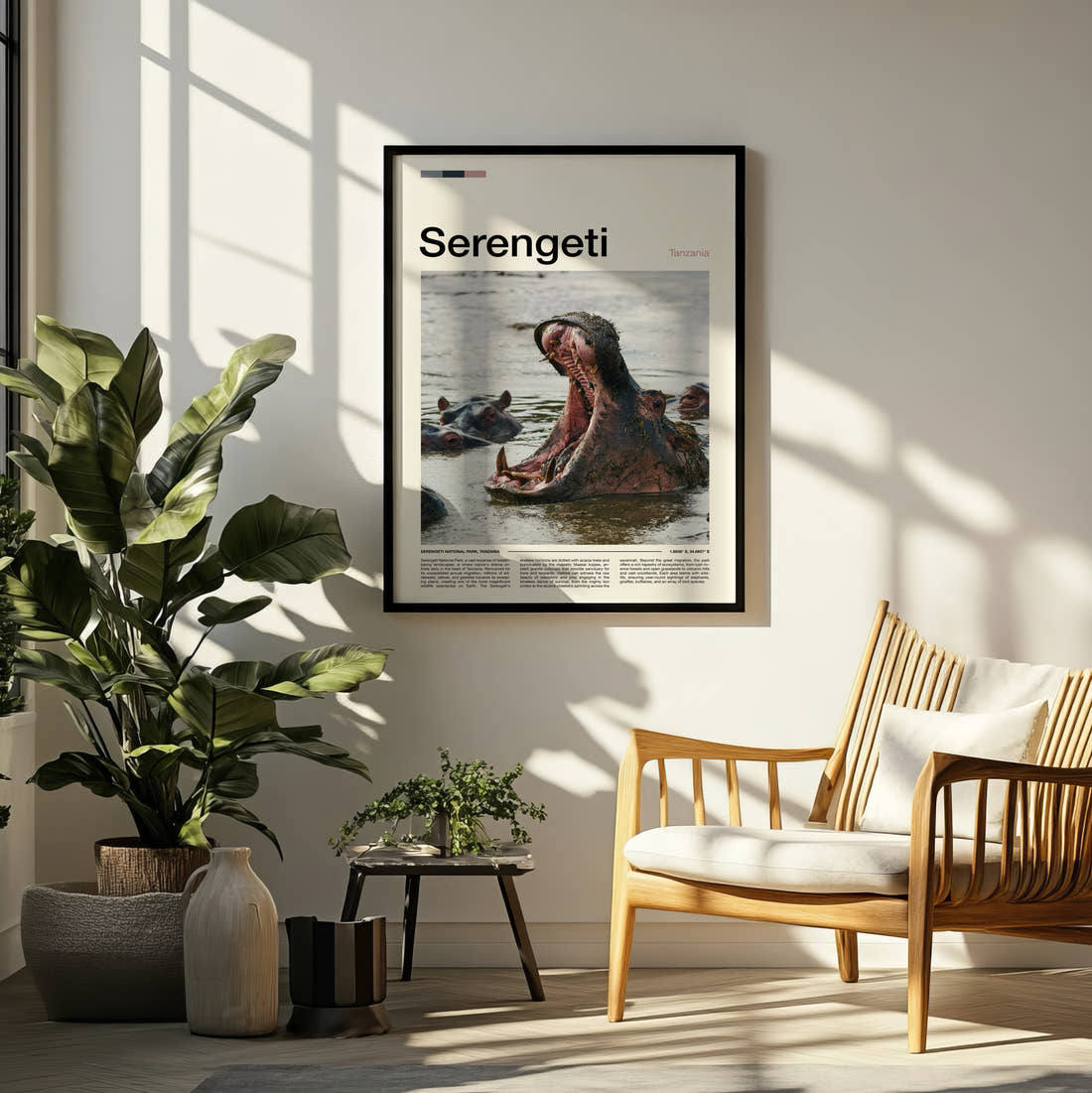 Serengeti Hippo Yawning Travel Print framed on a pale wall beside houseplants