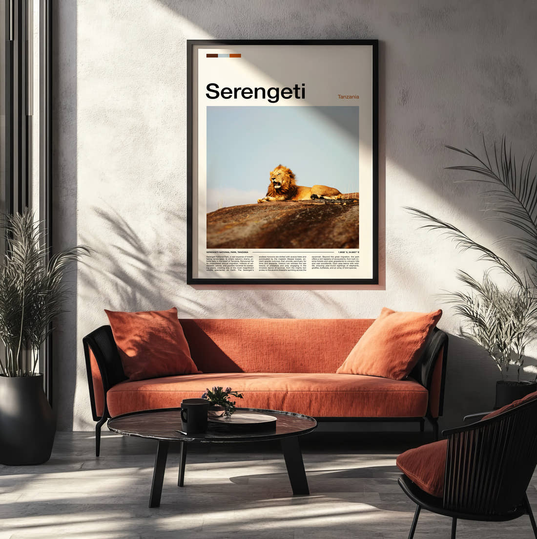 Serengeti Lion Resting Travel Print framed on the wall of a modern living room