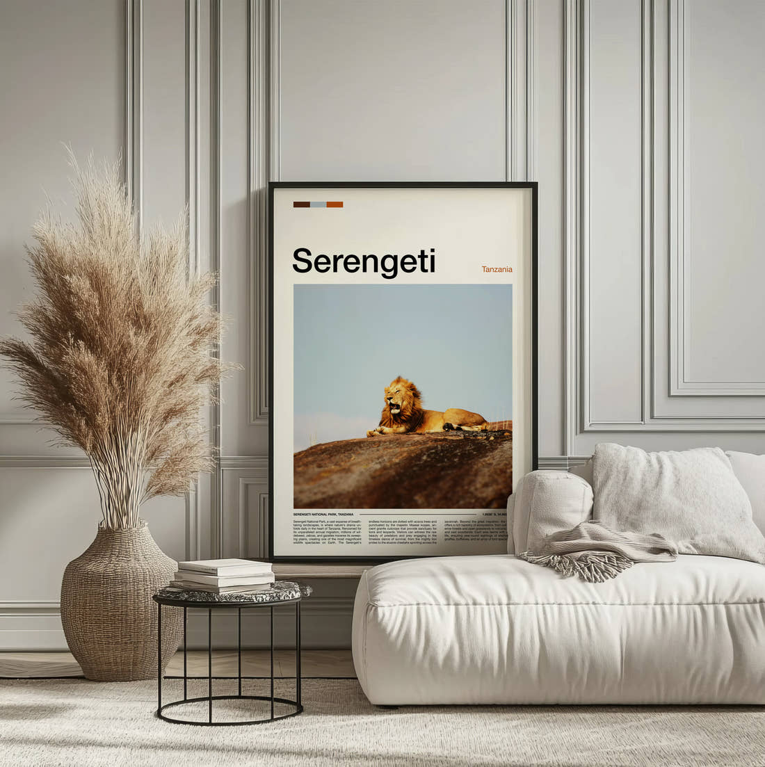 Serengeti Lion Resting Travel Print framed on the wall of a calm, neutral bedroom