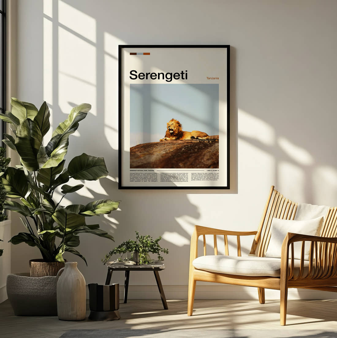 Serengeti Lion Resting Travel Print framed on a pale wall beside houseplants