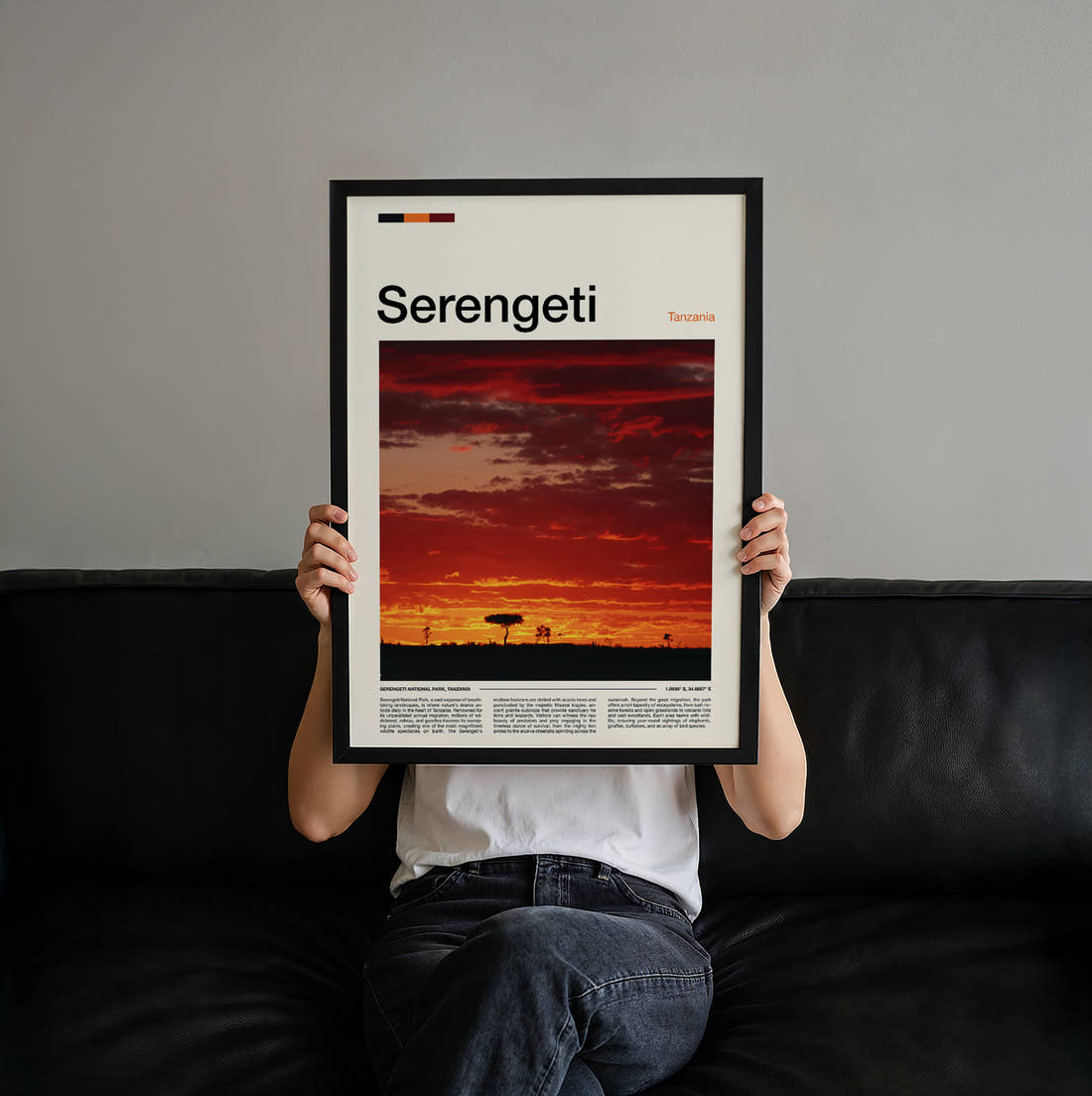 Serengeti Sunset Over The Plains Travel Print held up by hand to show the size of the print