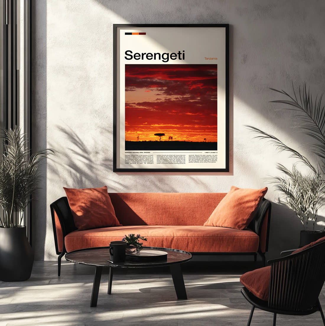 Serengeti Sunset Over The Plains Travel Print framed on the wall of a modern living room