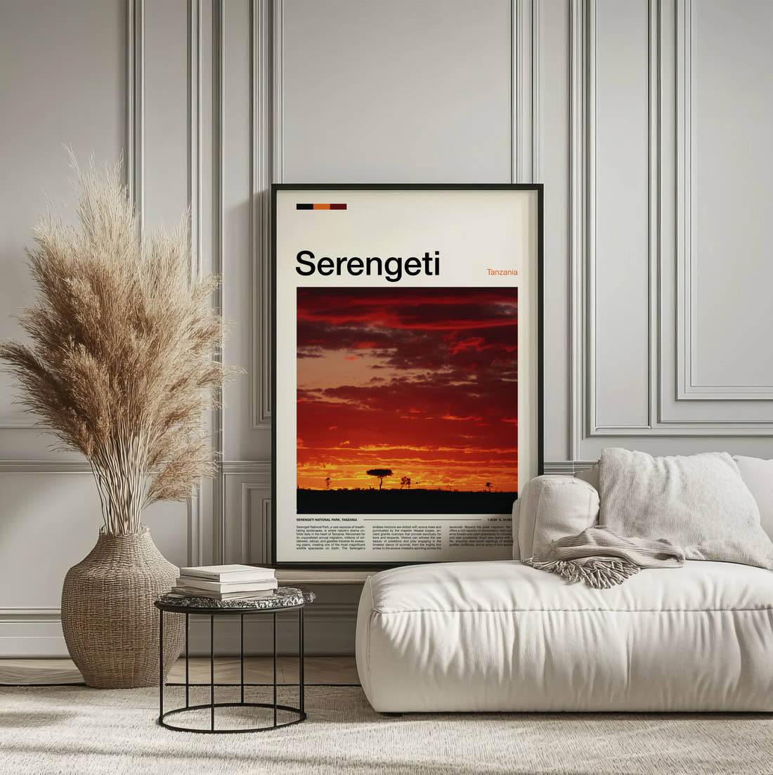 Serengeti Sunset Over The Plains Travel Print framed on the wall of a calm, neutral bedroom