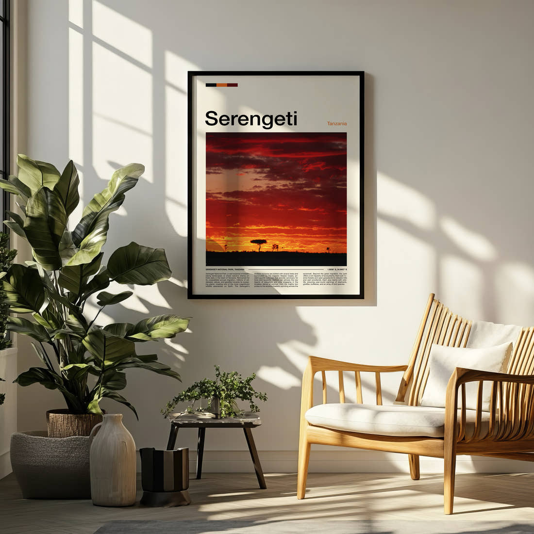 Serengeti Sunset Over The Plains Travel Print framed on a pale wall beside houseplants