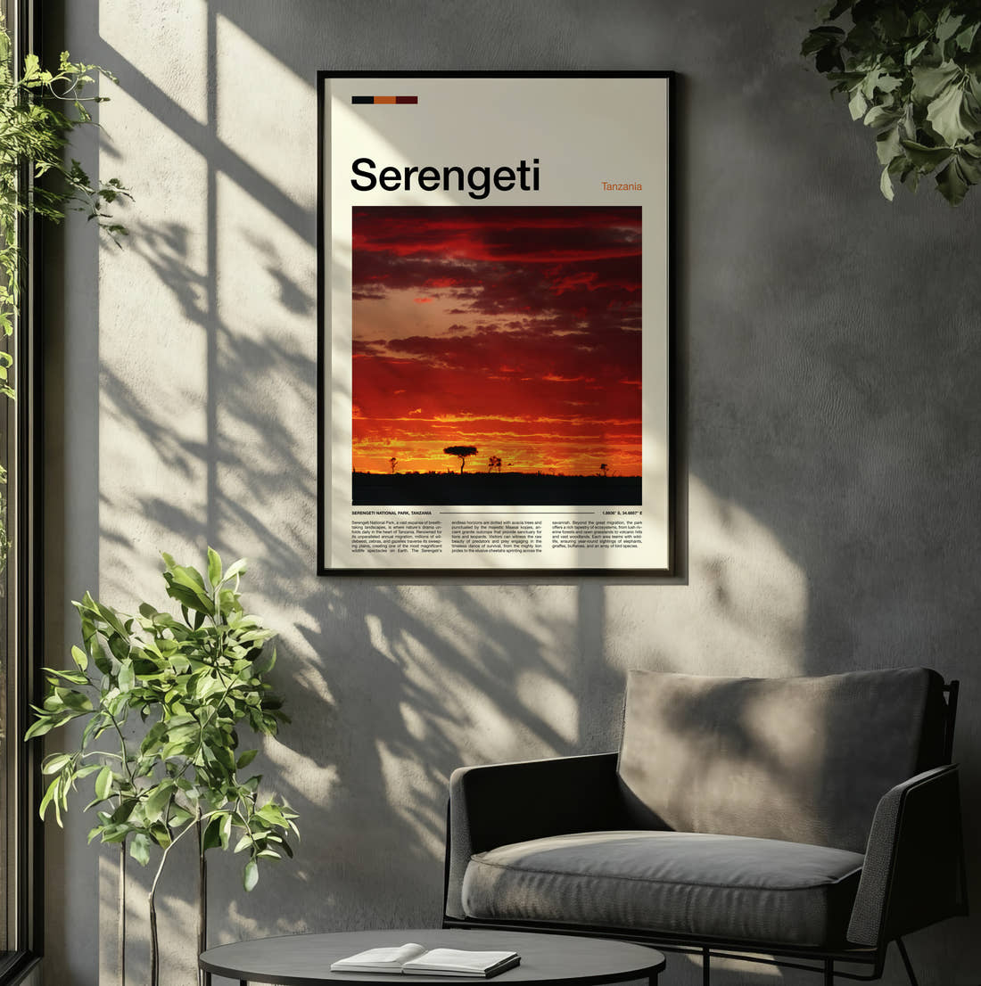 Serengeti Sunset Over The Plains Travel Print framed on the wall of a relaxed living room