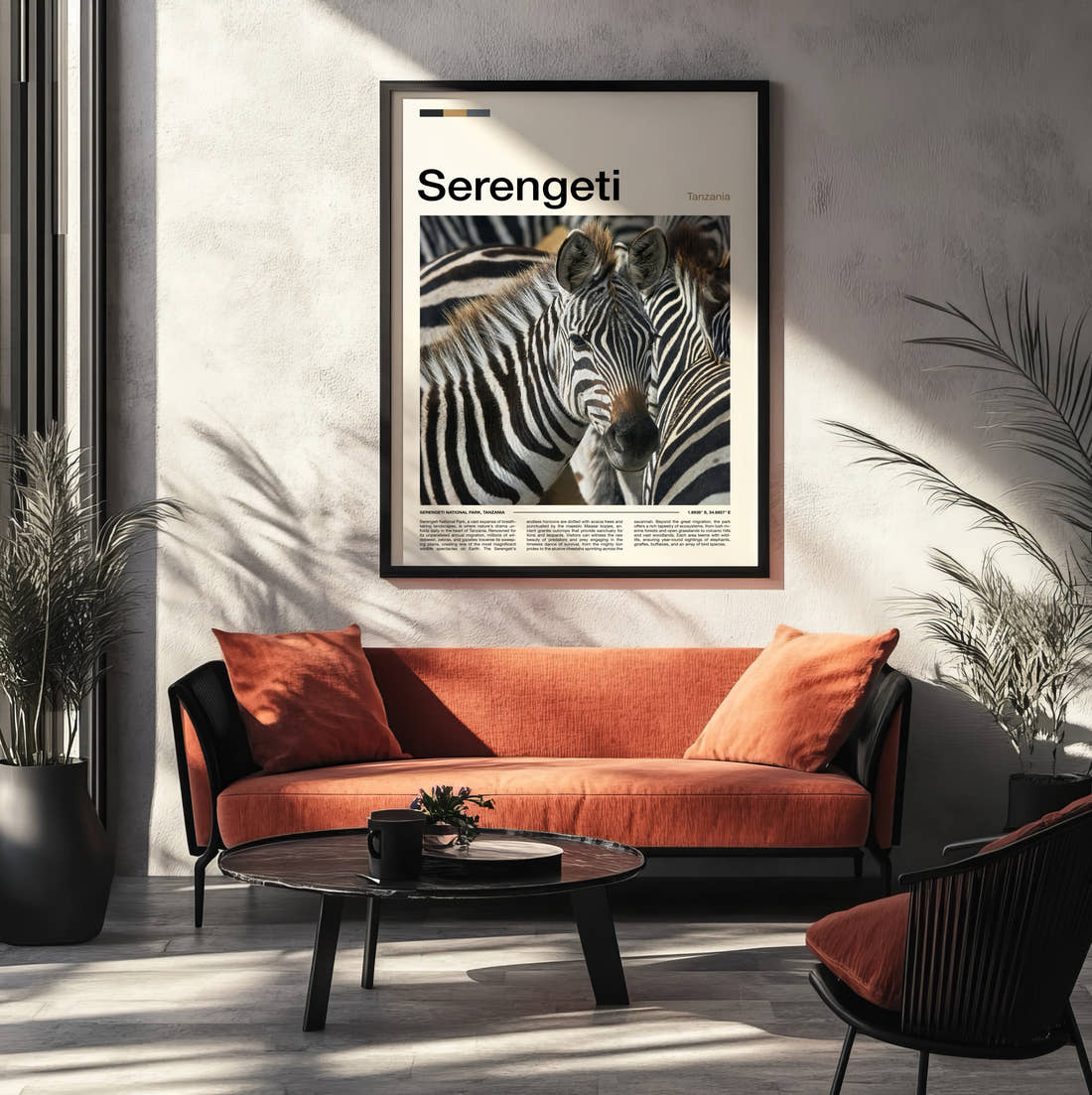 Serengeti Zebras Travel Print framed on the wall of a modern living room