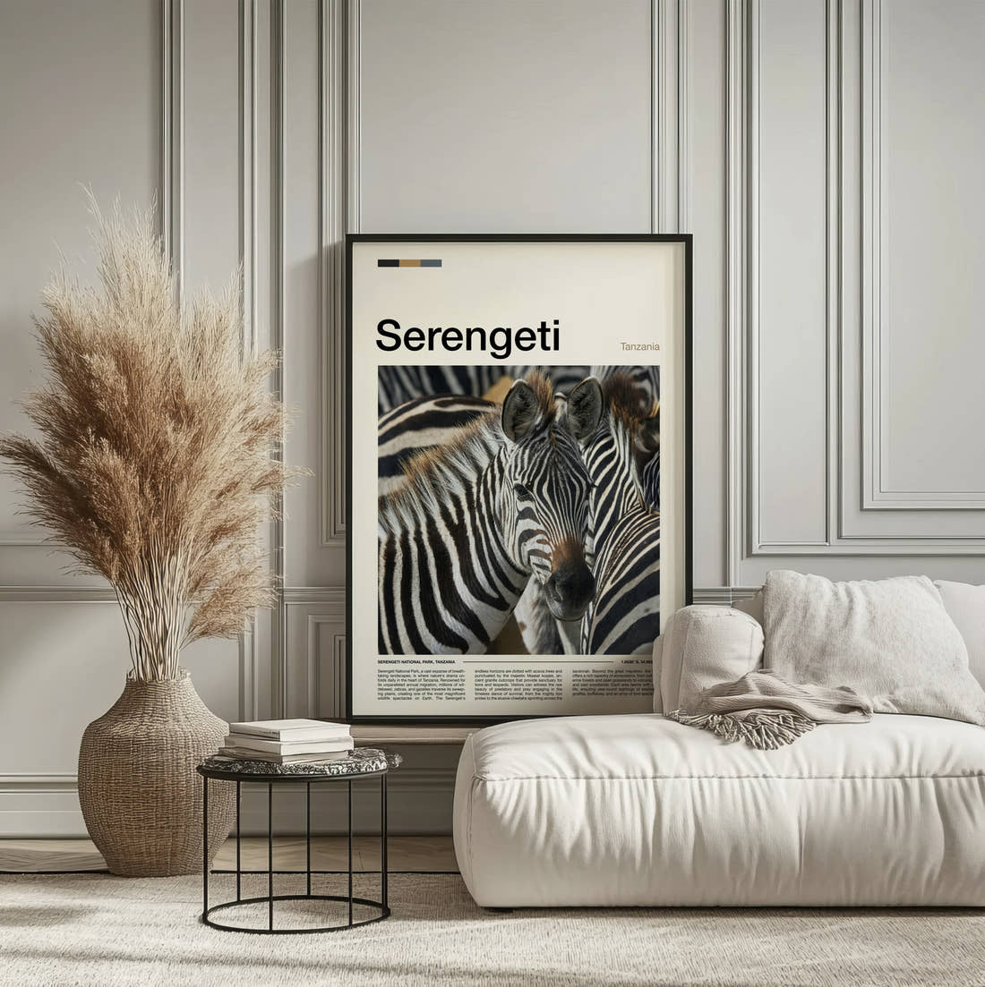 Serengeti Zebras Travel Print framed on the wall of a calm, neutral bedroom