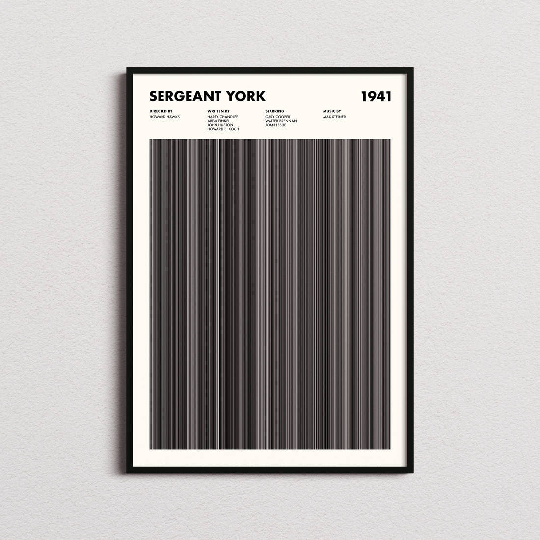 Sergeant York Movie Barcode Poster framed on a plain studio wall