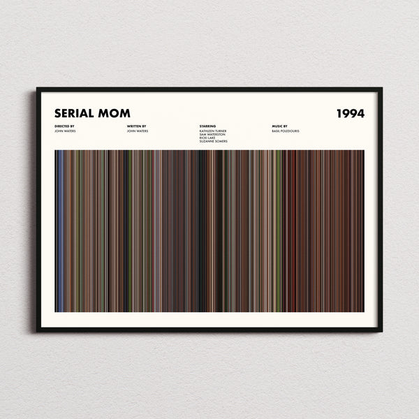 Serial Mom Movie Barcode Poster framed and photographed straight on