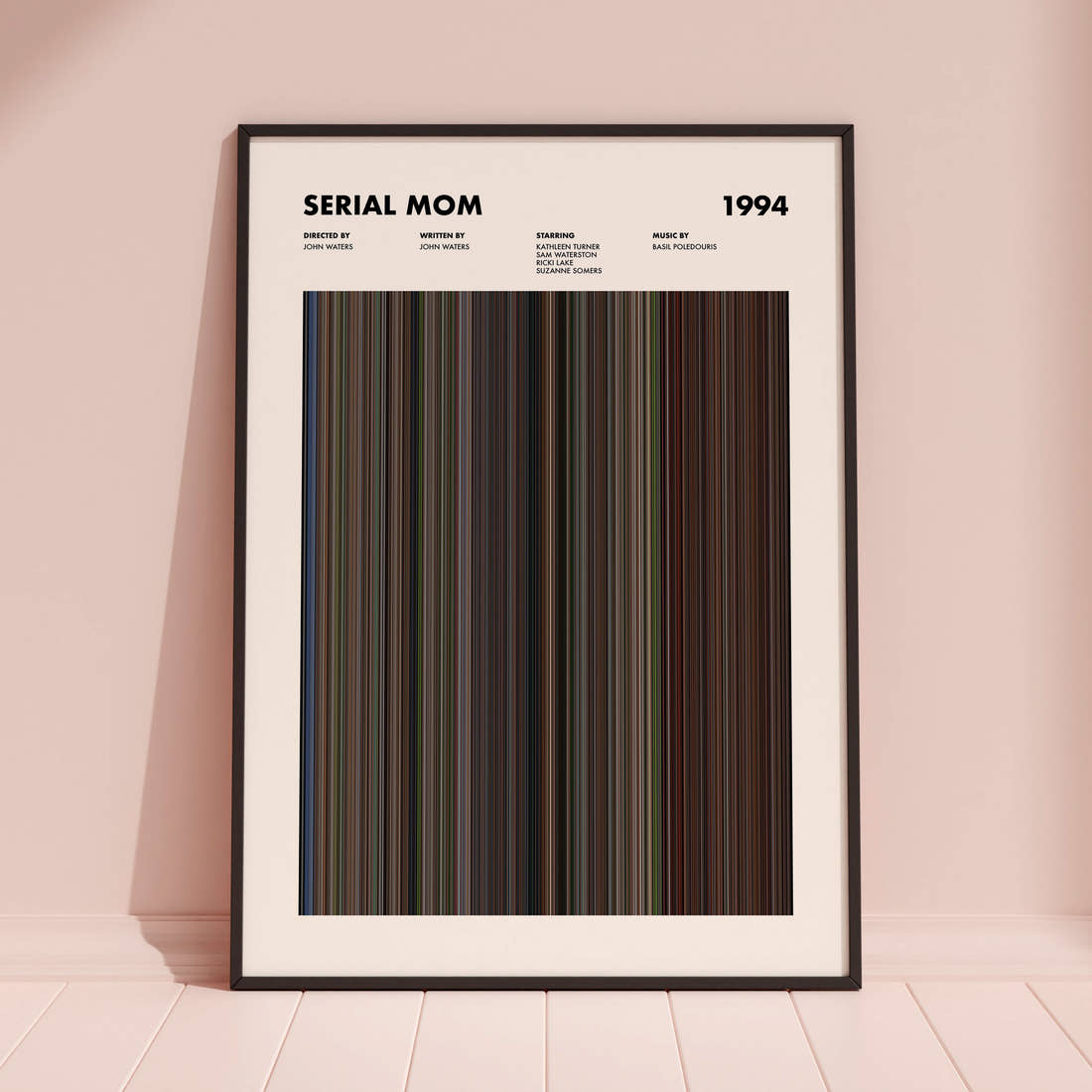 Serial Mom Movie Barcode Poster framed and leaning against a coloured wall