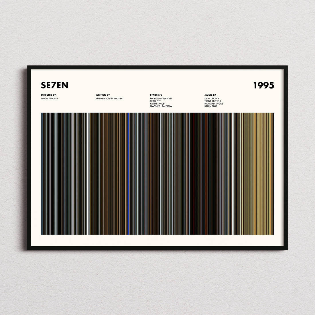 Se7en Movie Barcode Poster framed and photographed straight on