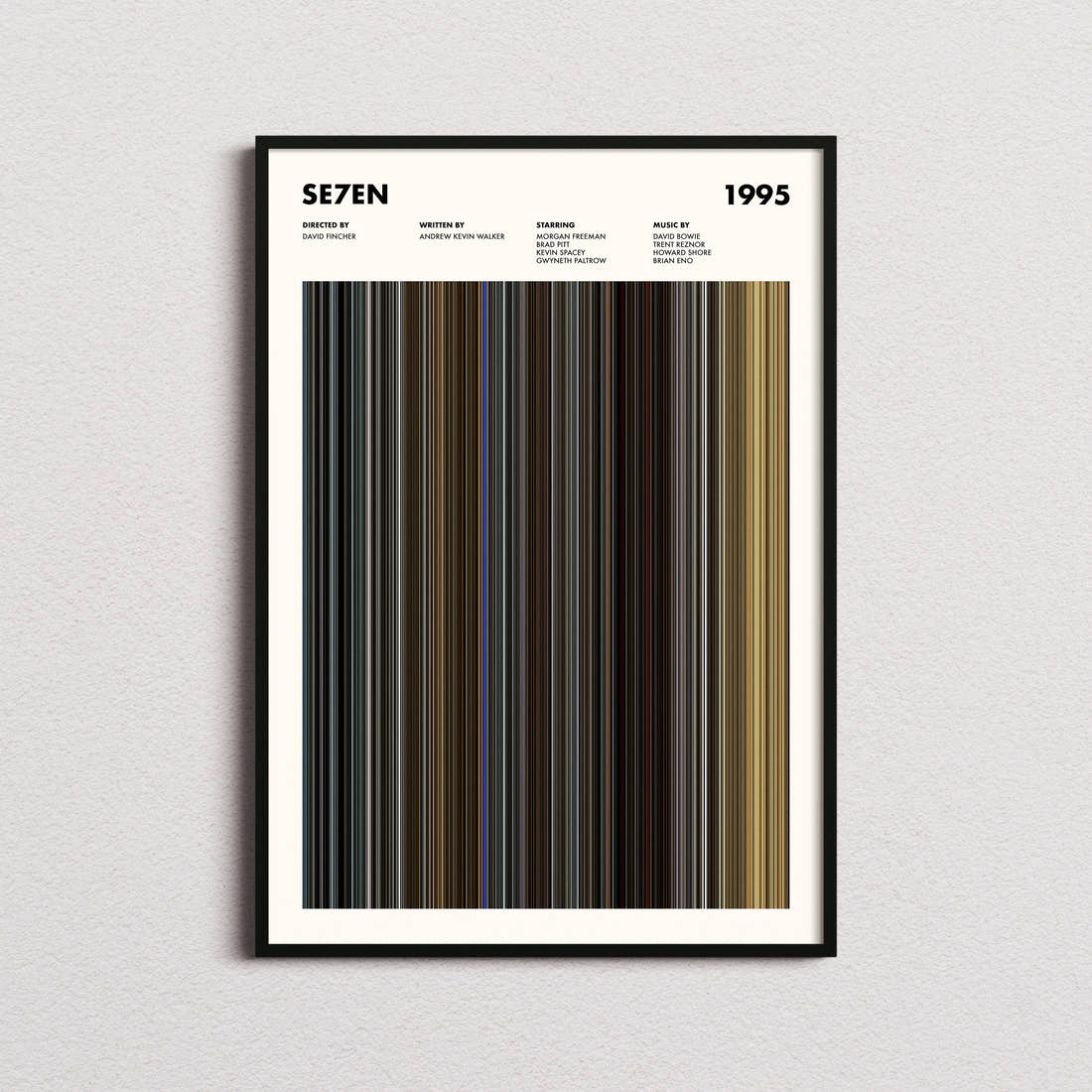 Se7en Movie Barcode Poster framed on a plain studio wall