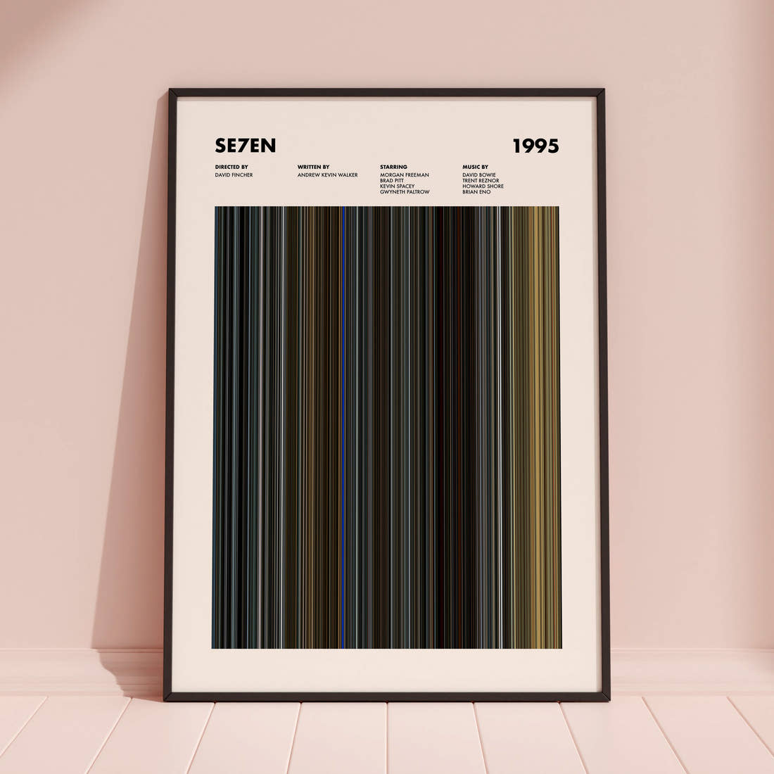 Se7en Movie Barcode Poster framed and leaning against a coloured wall