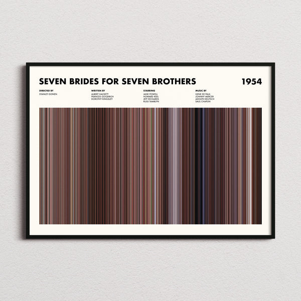 Seven Brides for Seven Brothers Movie Barcode Poster framed and photographed straight on
