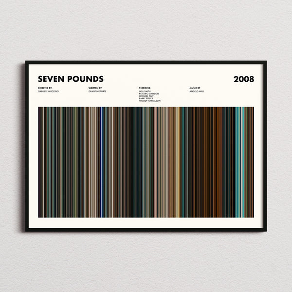 Seven Pounds Movie Barcode Poster framed and photographed straight on
