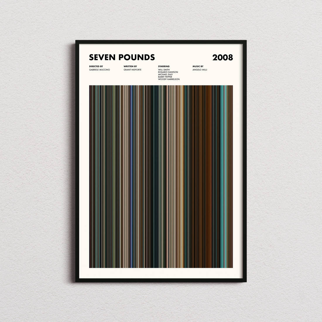 Seven Pounds Movie Barcode Poster framed on a plain studio wall