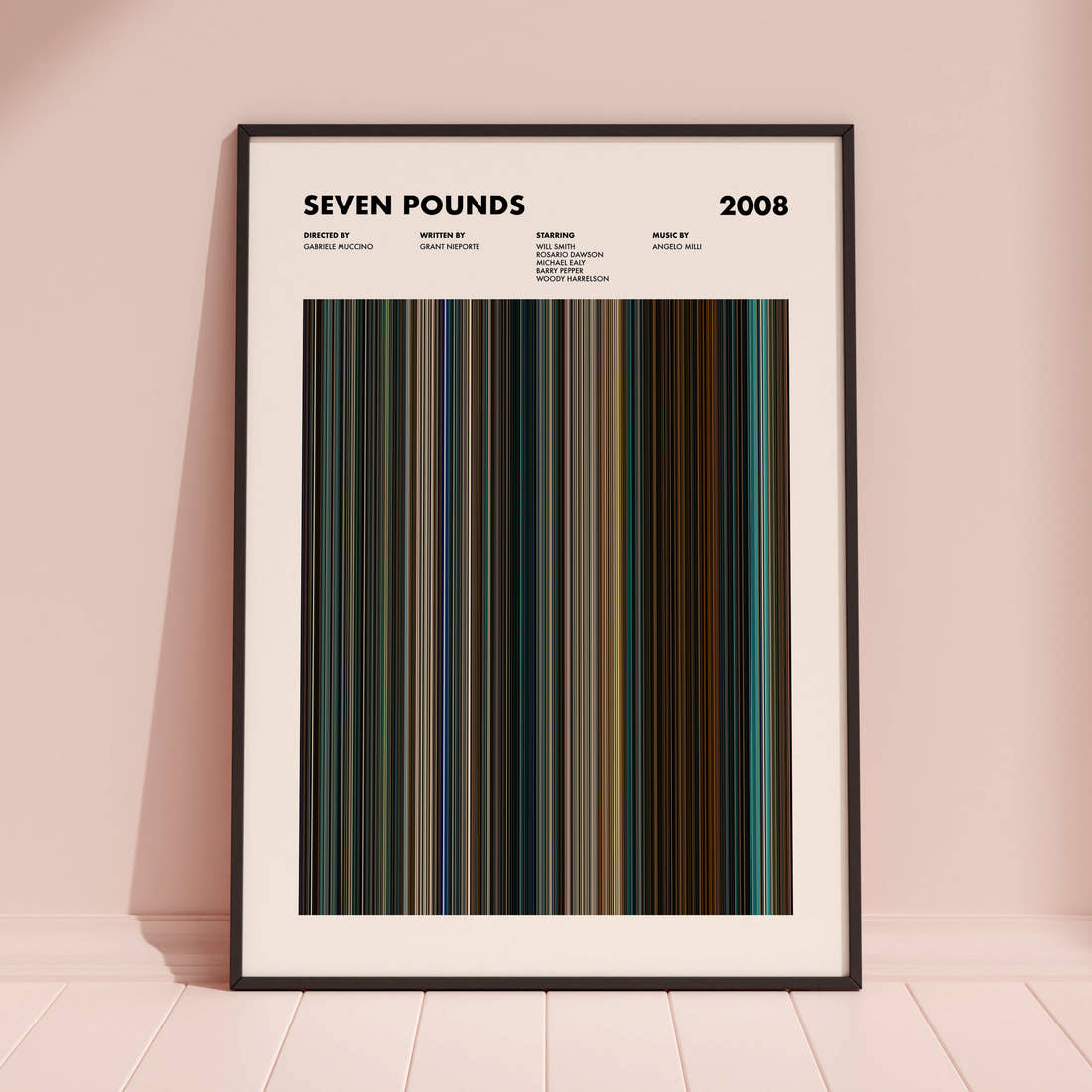 Seven Pounds Movie Barcode Poster framed and leaning against a coloured wall
