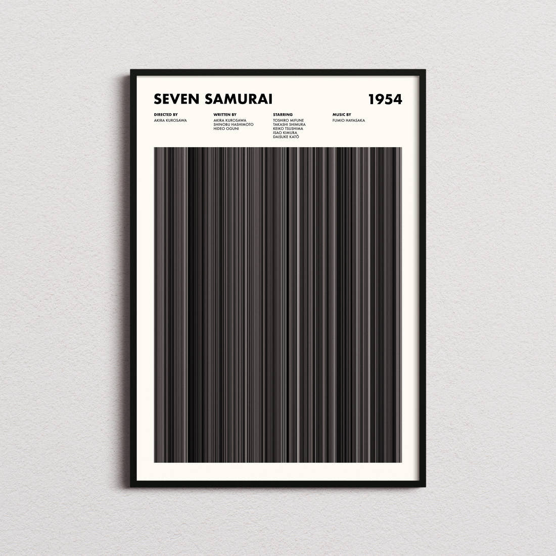 Seven Samurai Movie Barcode Poster framed on a plain studio wall