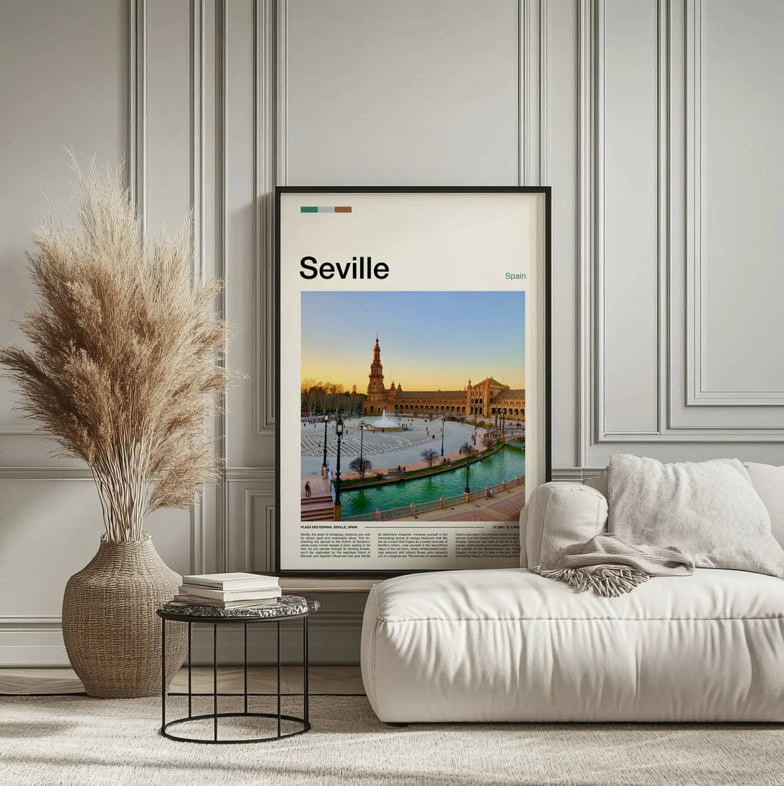 Sevilla Plaza De Espana Travel Print framed on the wall of a calm, neutral bedroom