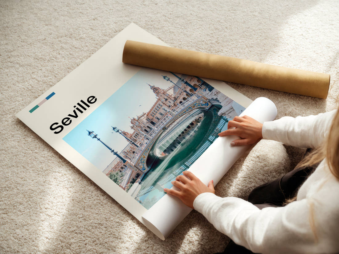 Seville Plaza De Espana Bridge Travel Print being unrolled from its postal tube