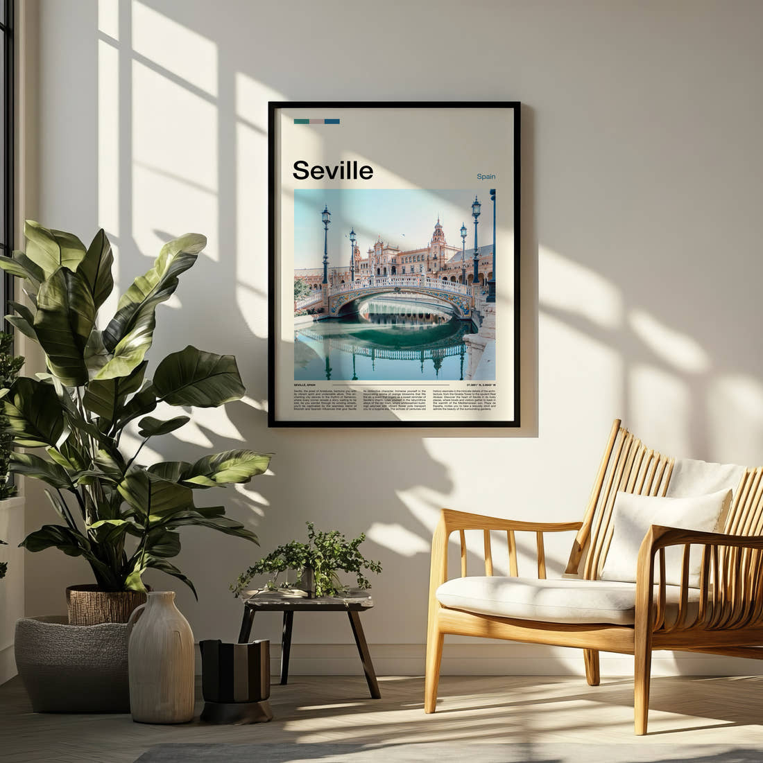 Seville Plaza De Espana Bridge Travel Print framed on a pale wall beside houseplants