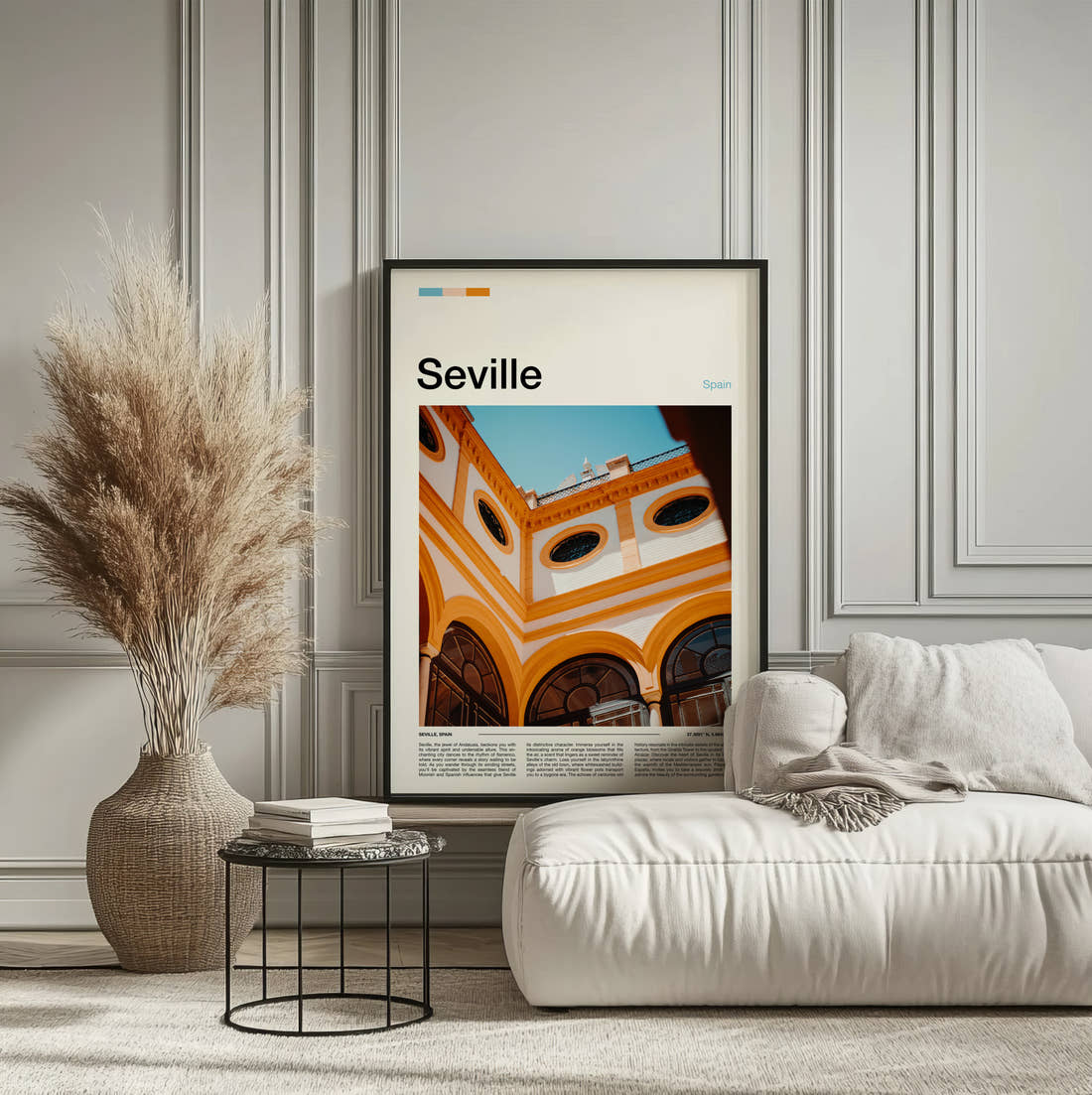 Seville Ornate Arched Ceiling Travel Print framed on the wall of a calm, neutral bedroom