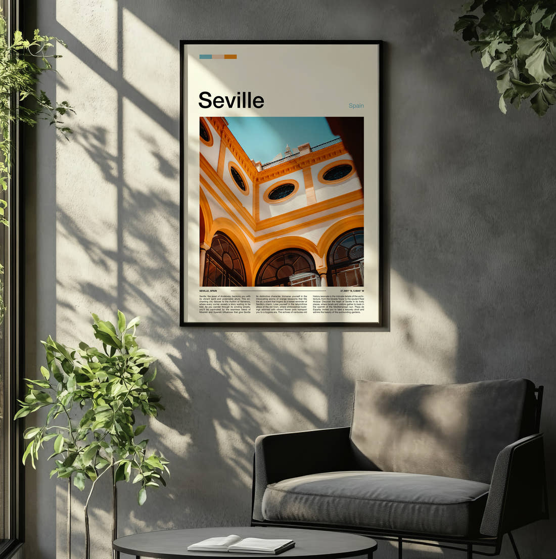 Seville Ornate Arched Ceiling Travel Print framed on the wall of a relaxed living room